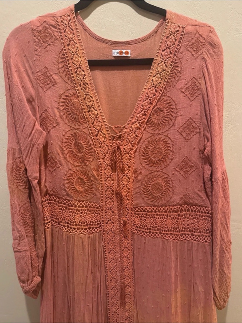 Bohemian Crochet-Detail Maxi Dress in Dusty Rose